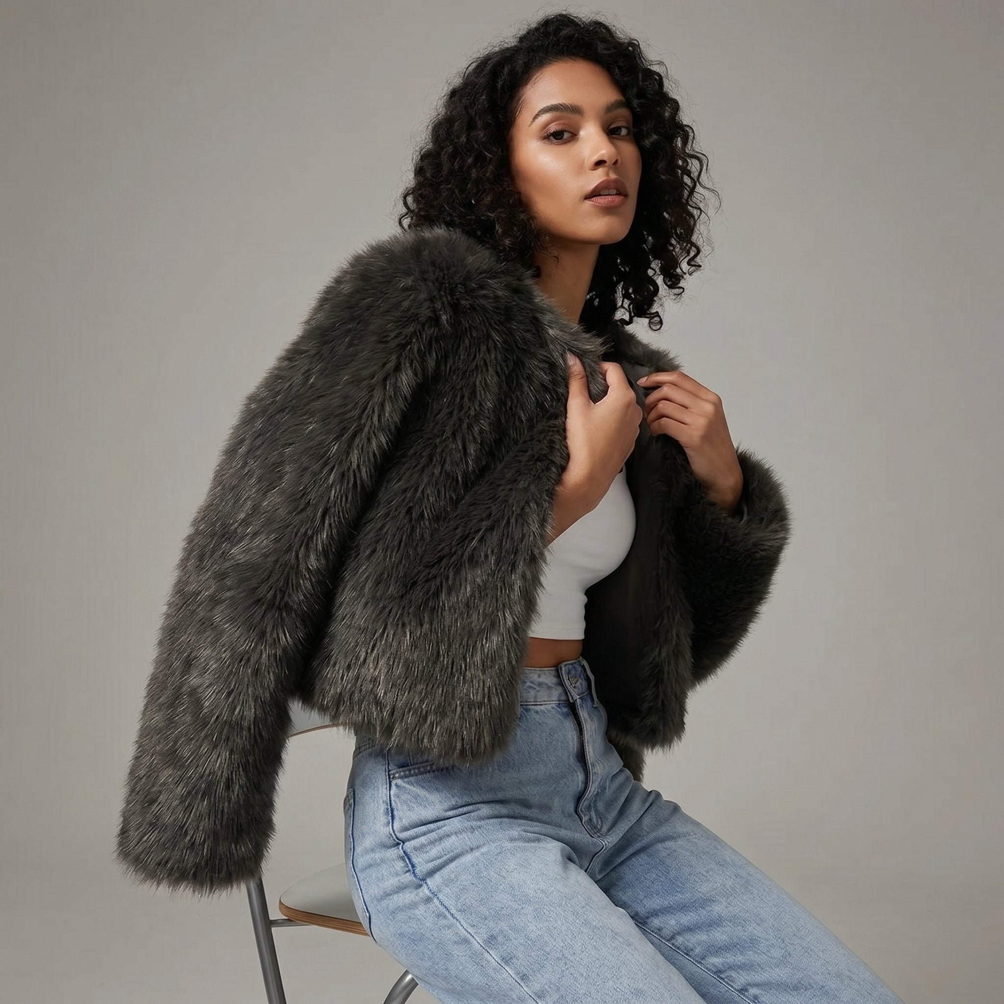 Cropped Faux Fur Jacket in Seven Colours for Elegant Winter Layering | Women's Short Plush Textured Cardigan Coat for Autumn Winter | Koossa
