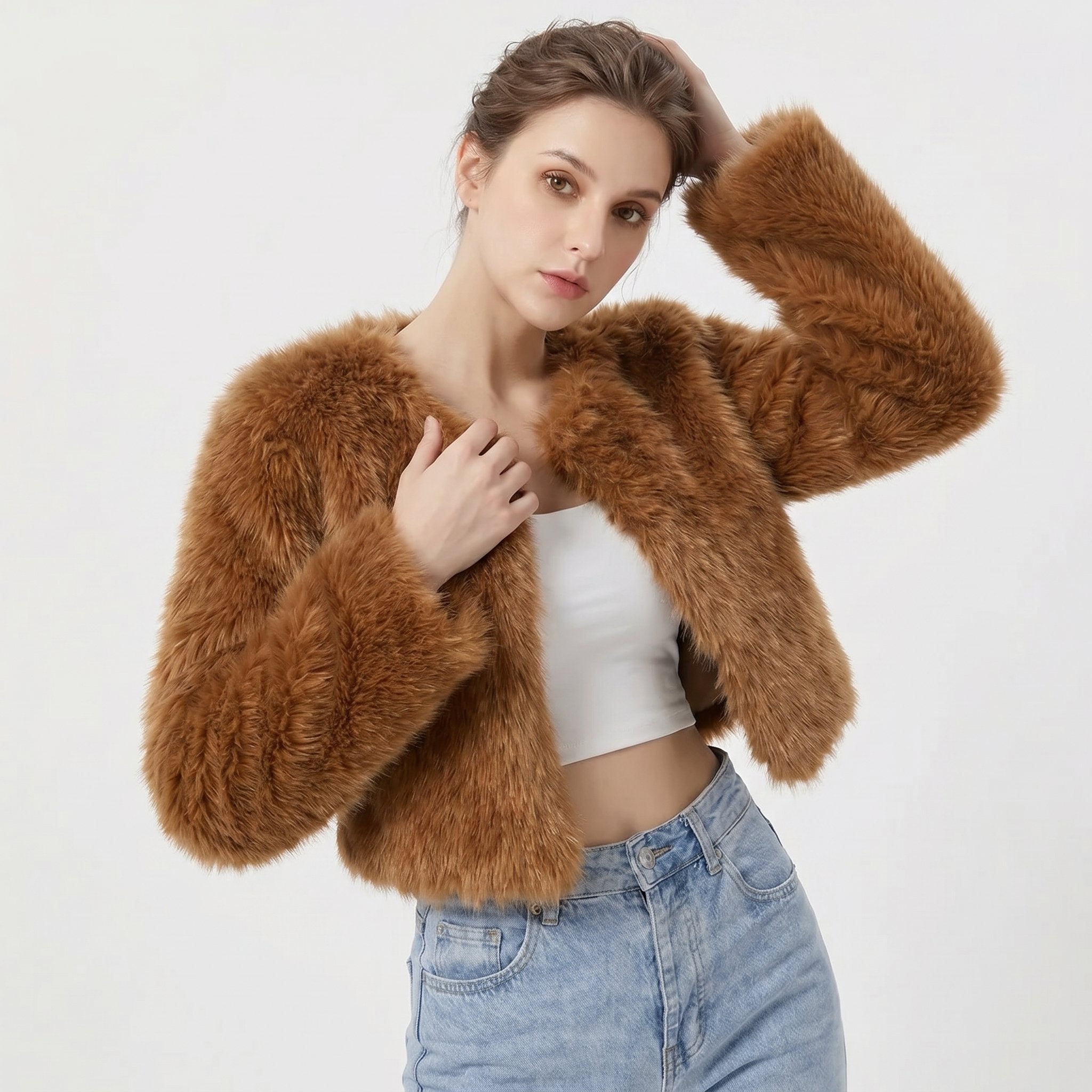 Cropped Faux Fur Jacket in Seven Colours for Elegant Winter Layering | Women's Short Plush Textured Cardigan Coat for Autumn Winter | Koossa