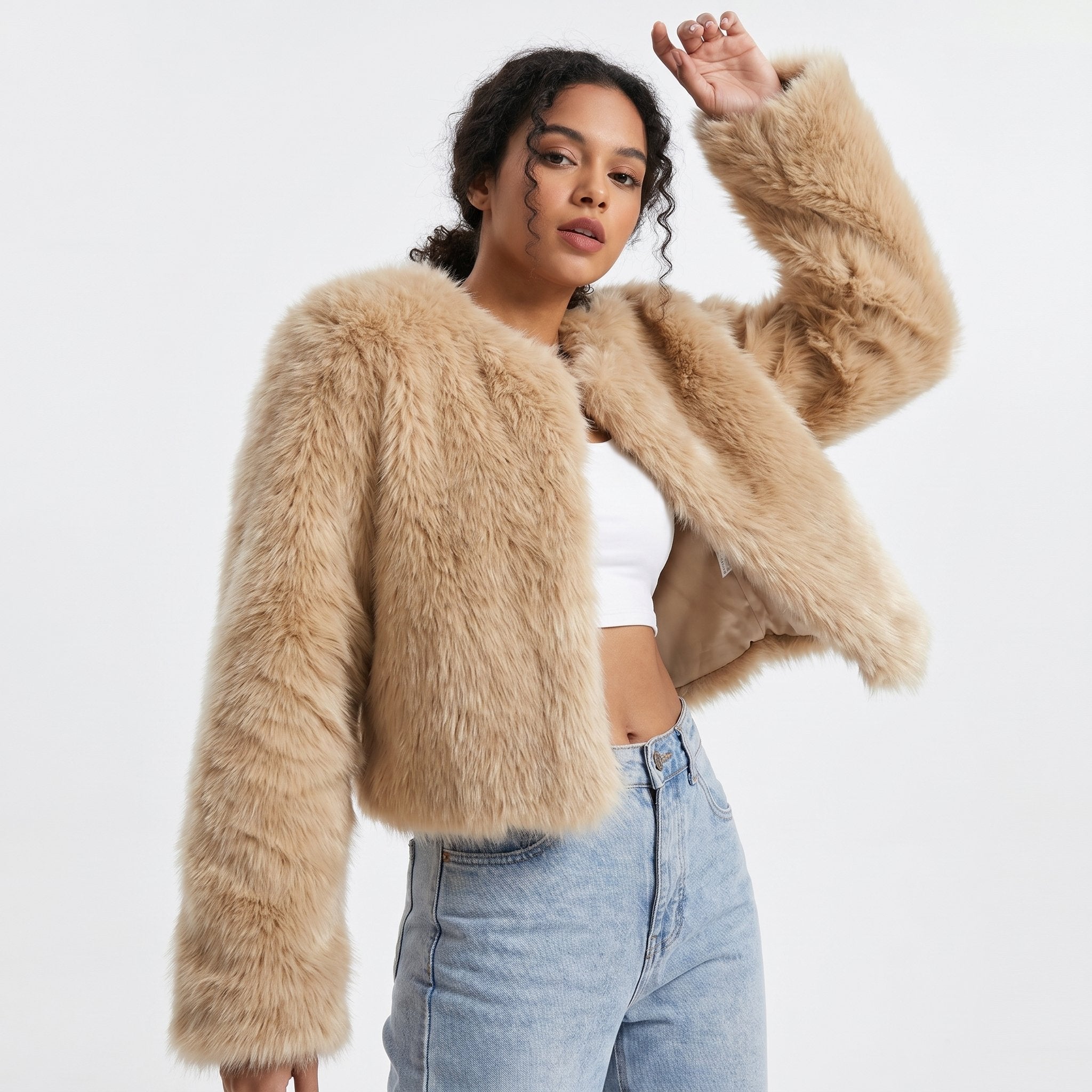 Cropped Faux Fur Jacket in Seven Colours for Elegant Winter Layering | Women's Short Plush Textured Cardigan Coat for Autumn Winter | Koossa