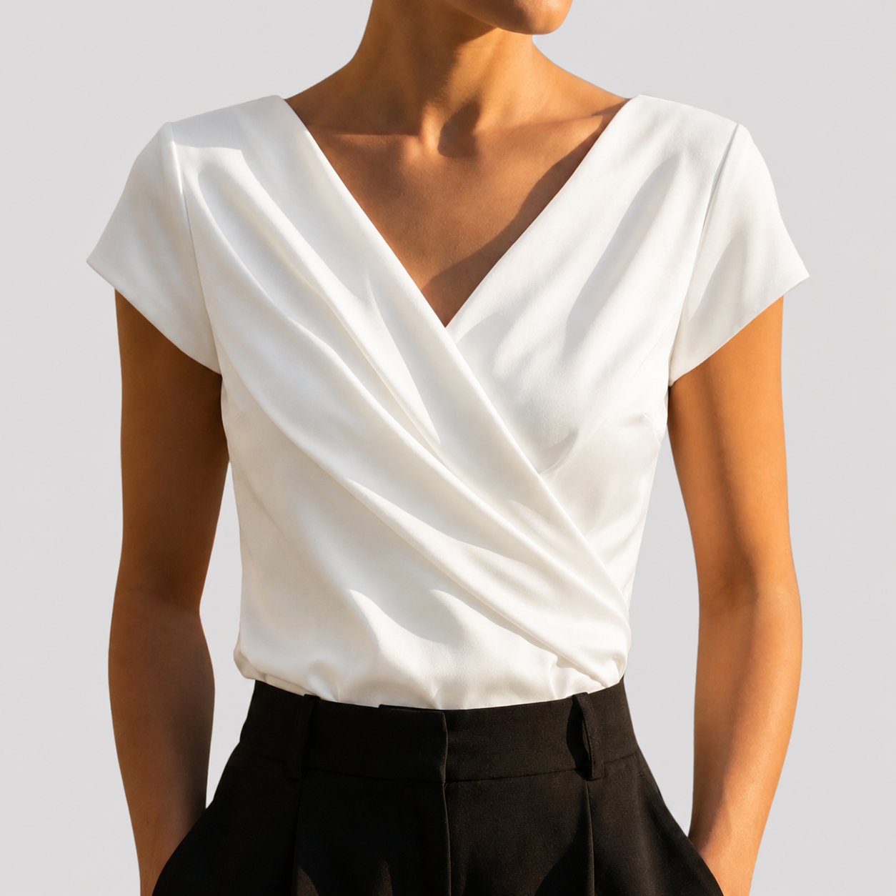 Women's Crossover V-Neck Blouse with Cap Sleeves in White and Khaki – Elegant Wrap Front Top for Smart-Casual and Occasion Wear | Koossa