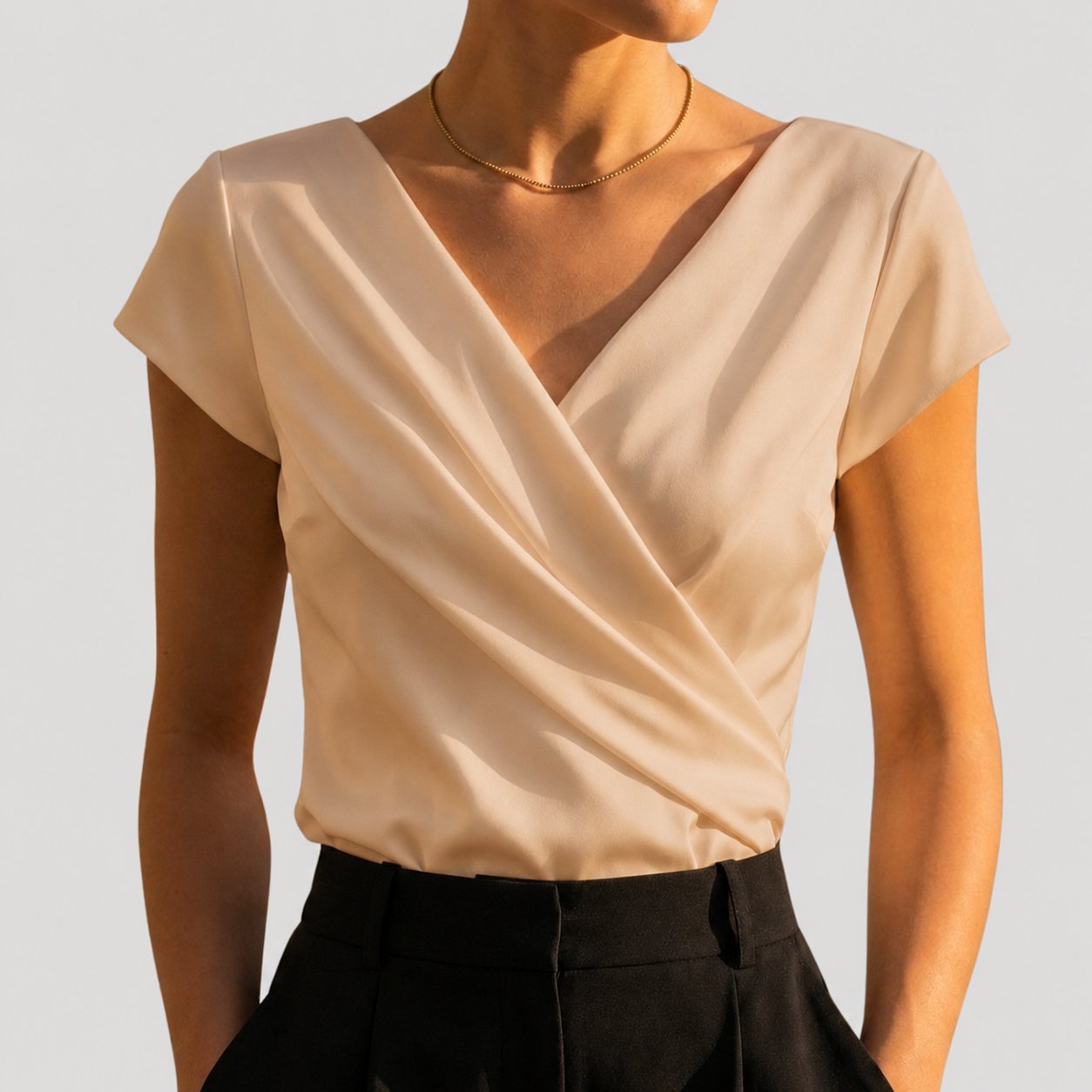 Women's Crossover V-Neck Blouse with Cap Sleeves in White and Khaki – Elegant Wrap Front Top for Smart-Casual and Occasion Wear | Koossa