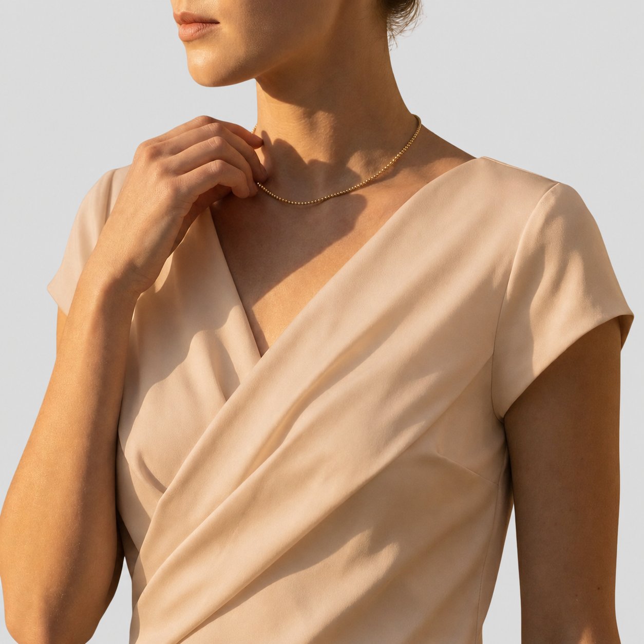 Women's Crossover V-Neck Blouse with Cap Sleeves in White and Khaki – Elegant Wrap Front Top for Smart-Casual and Occasion Wear | Koossa