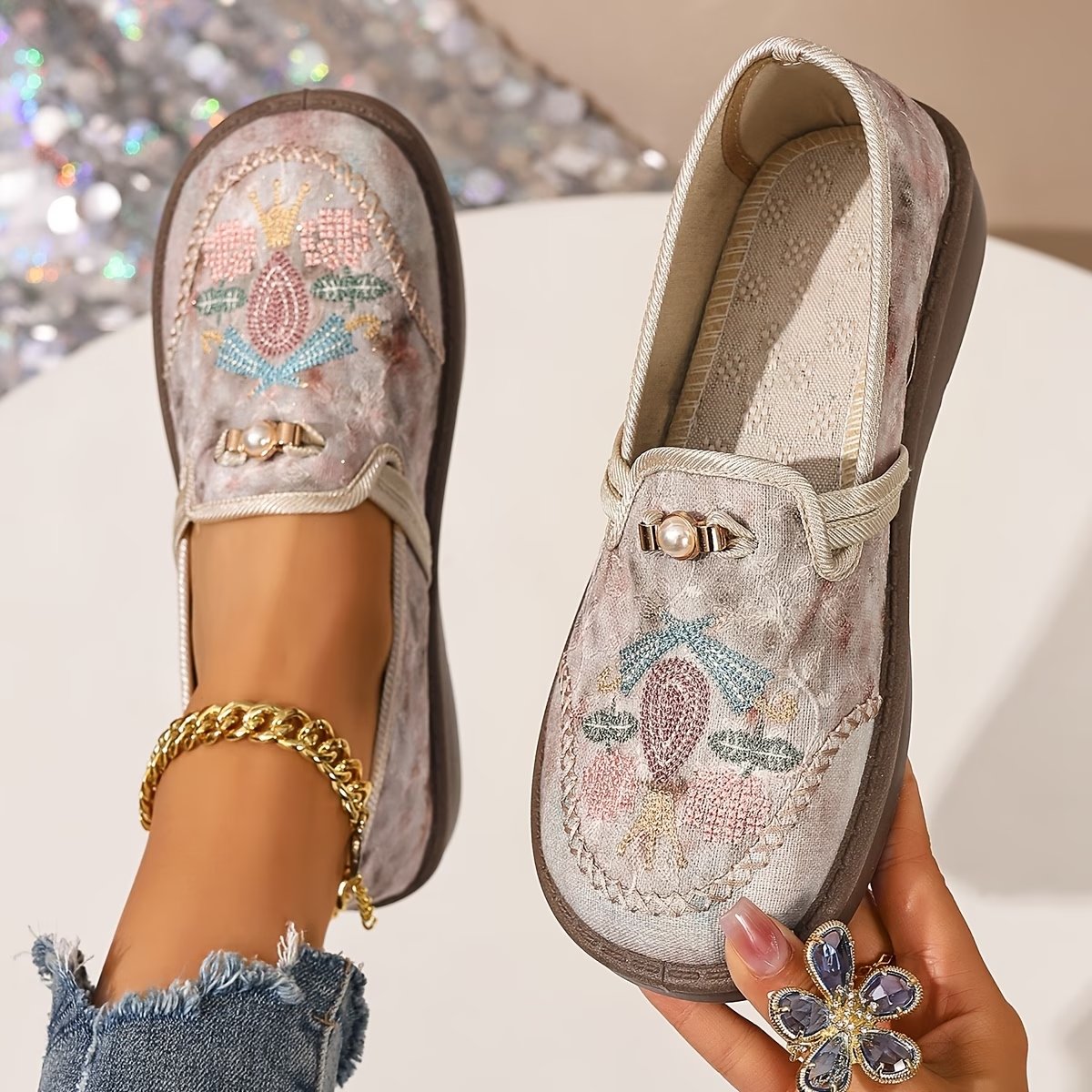 Pearl-Embellished Slip-On Loafers with Botanical Beadwork | Koossa