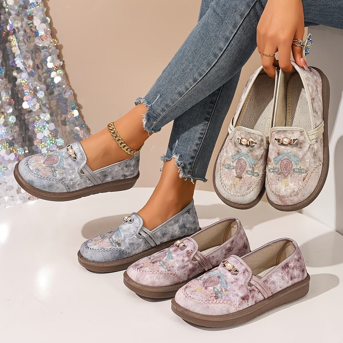 Pearl-Embellished Slip-On Loafers with Botanical Beadwork | Koossa