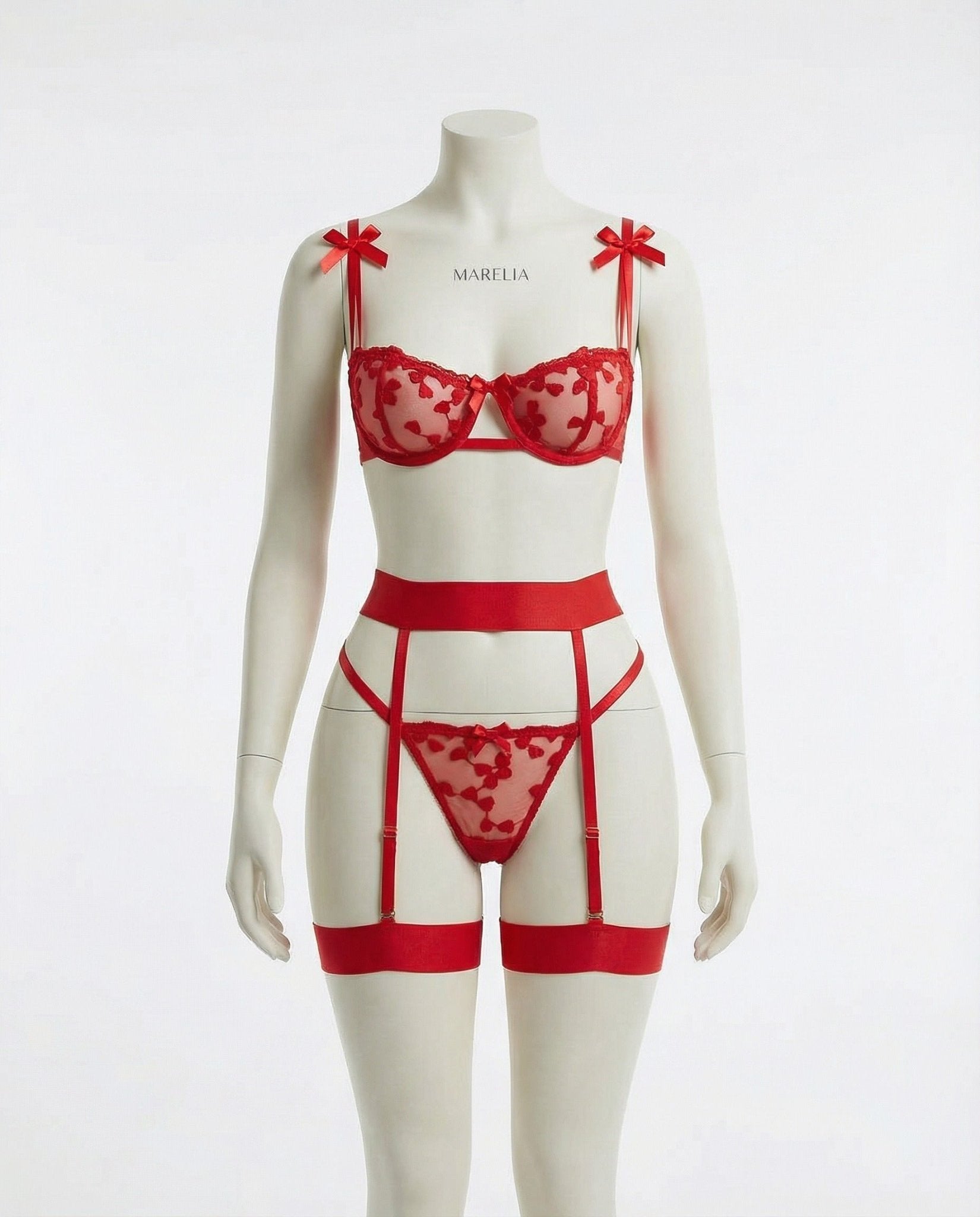 Floral Embroidered Mesh Lingerie Set Four-Piece Balconette Bra Thong Garter Belt Thigh Cuffs Delicate Sheer Intimate Wear | Koossa