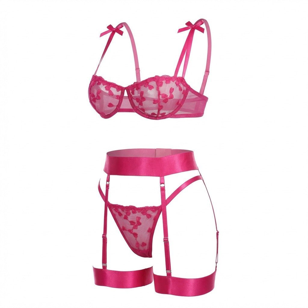 Floral Embroidered Mesh Lingerie Set Four-Piece Balconette Bra Thong Garter Belt Thigh Cuffs Delicate Sheer Intimate Wear | Koossa