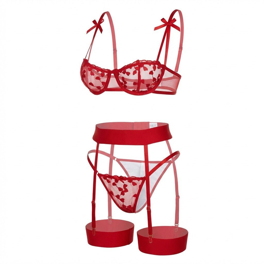 Floral Embroidered Mesh Lingerie Set Four-Piece Balconette Bra Thong Garter Belt Thigh Cuffs Delicate Sheer Intimate Wear | Koossa
