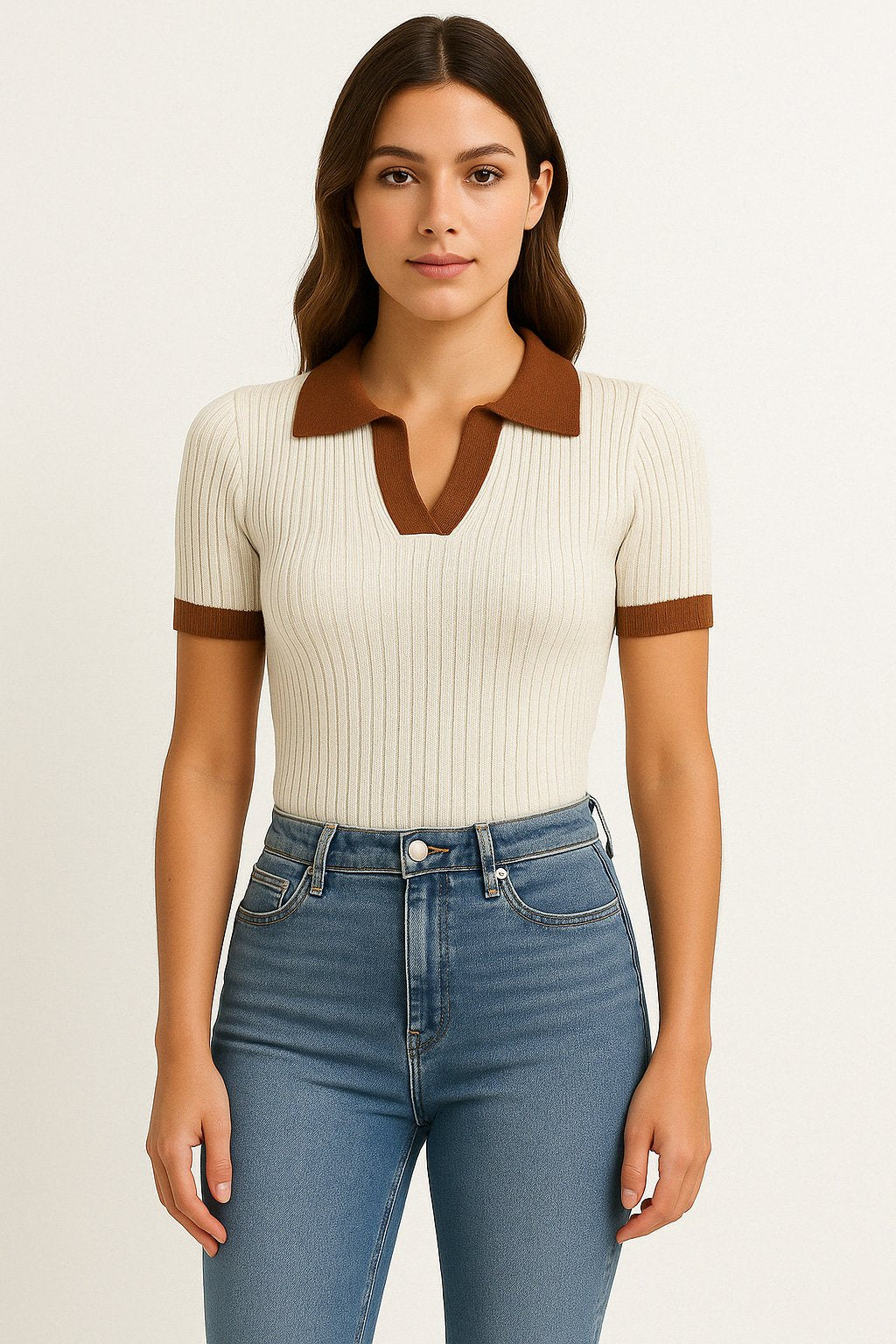 Women's Fitted Ribbed Polo Shirt Short Sleeve in Soft Apricot for Smart Casual Occasions | Luxurious Cotton-Blend Classic Collar Tee | Koossa