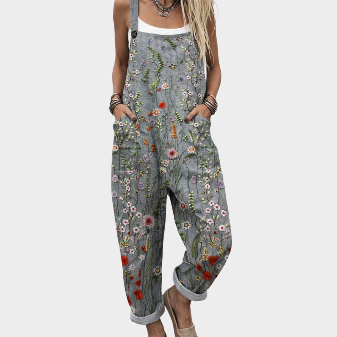 Women's Linen Blend Dungaree Jumpsuit with Floral Embroidery | Adjustable Straps | Grey | Spring Summer Garden Party Boho Weekend | Koossa