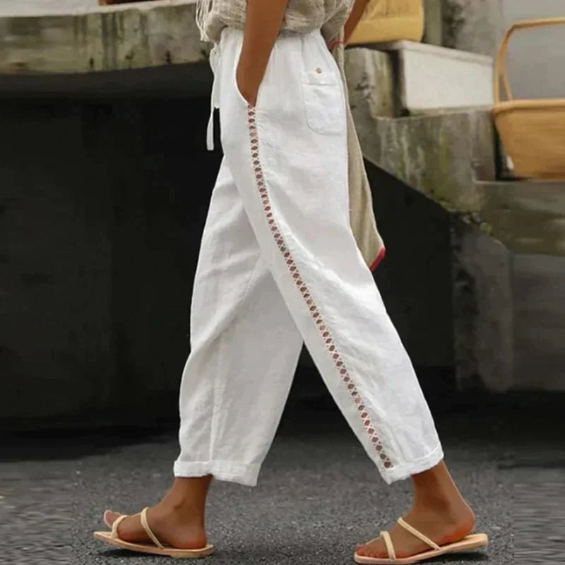 Women's High-Waisted Tapered Trousers with Decorative Side Buttons in Linen-Look Fabric | Koossa