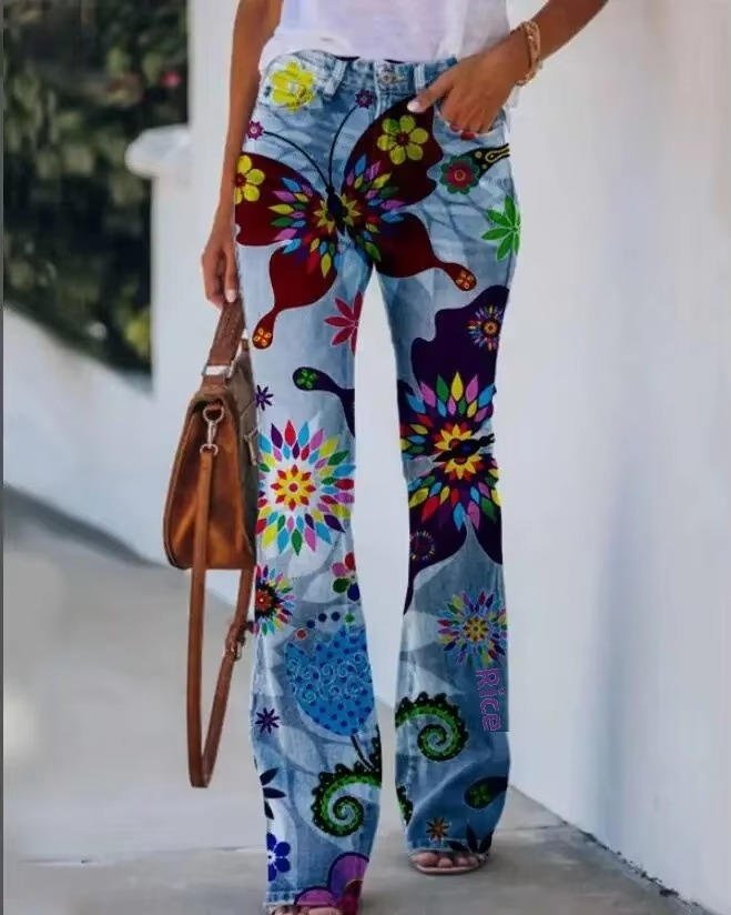 Women's High-Waist Flared Jeans with Embroidered Floral Hem in Blue Denim | Koossa