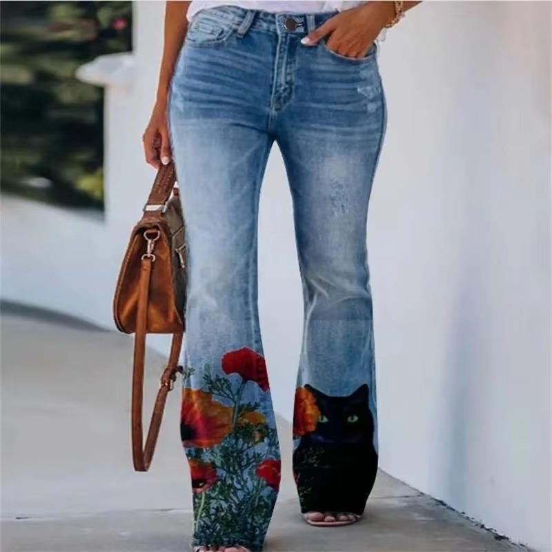 Women's High-Waist Flared Jeans with Embroidered Floral Hem in Blue Denim | Koossa