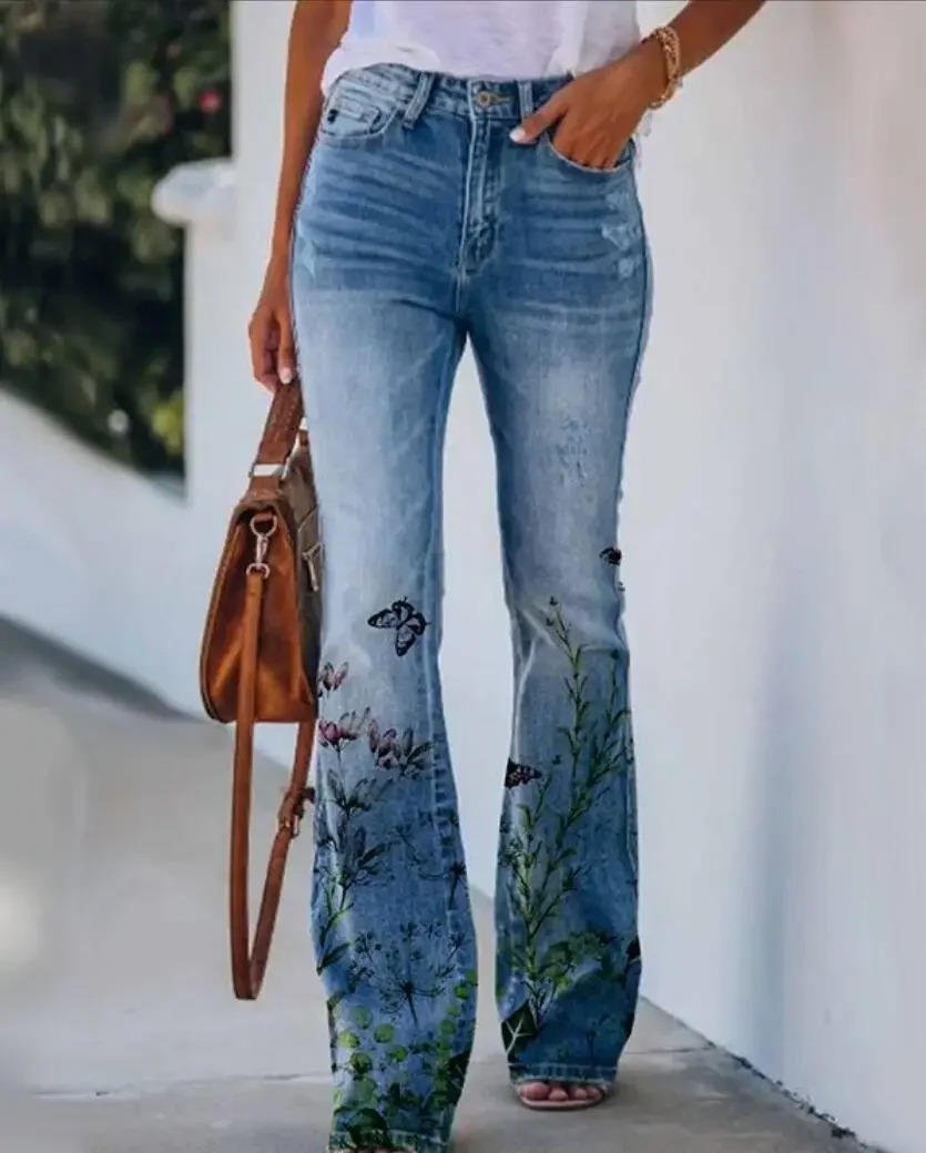 Women's High-Waist Flared Jeans with Embroidered Floral Hem in Blue Denim | Koossa