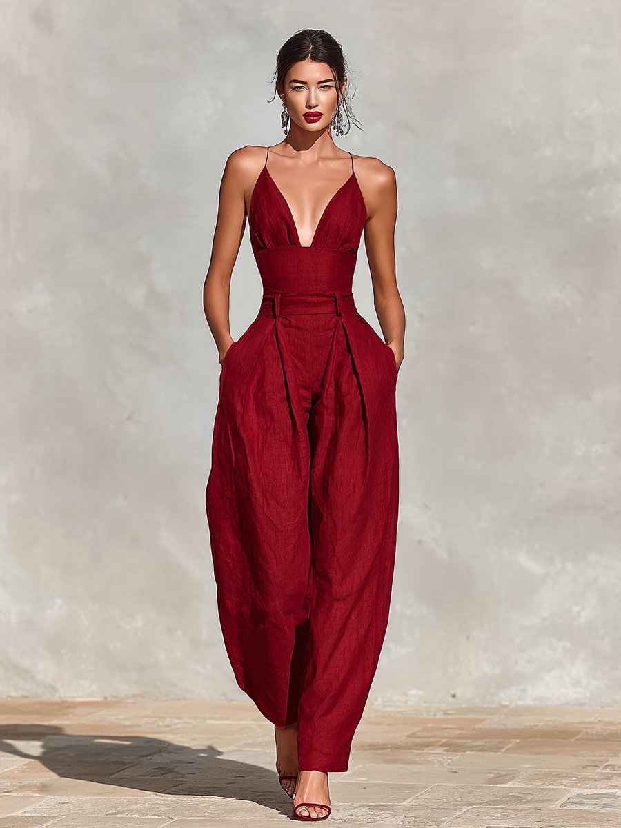 Women's High-Waist Linen Jumpsuit with Wide-Leg Trousers and Spaghetti Straps – Elegant All-In-One for Summer Weddings and Holiday Evenings | Koossa