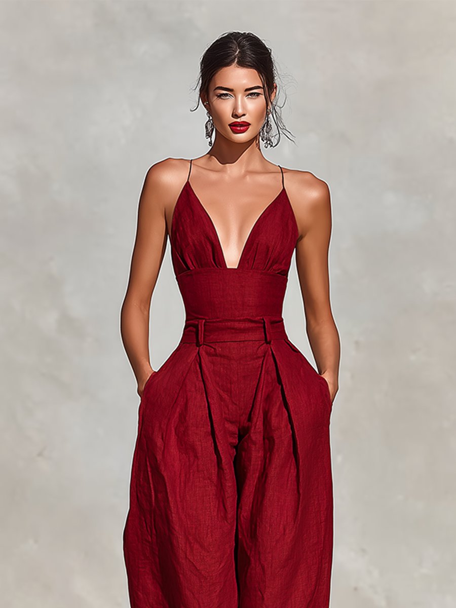 Women's High-Waist Linen Jumpsuit with Wide-Leg Trousers and Spaghetti Straps – Elegant All-In-One for Summer Weddings and Holiday Evenings | Koossa
