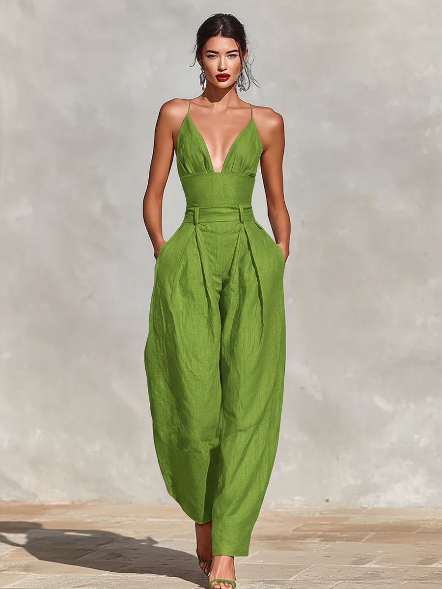 Women's High-Waist Linen Jumpsuit with Wide-Leg Trousers and Spaghetti Straps – Elegant All-In-One for Summer Weddings and Holiday Evenings | Koossa