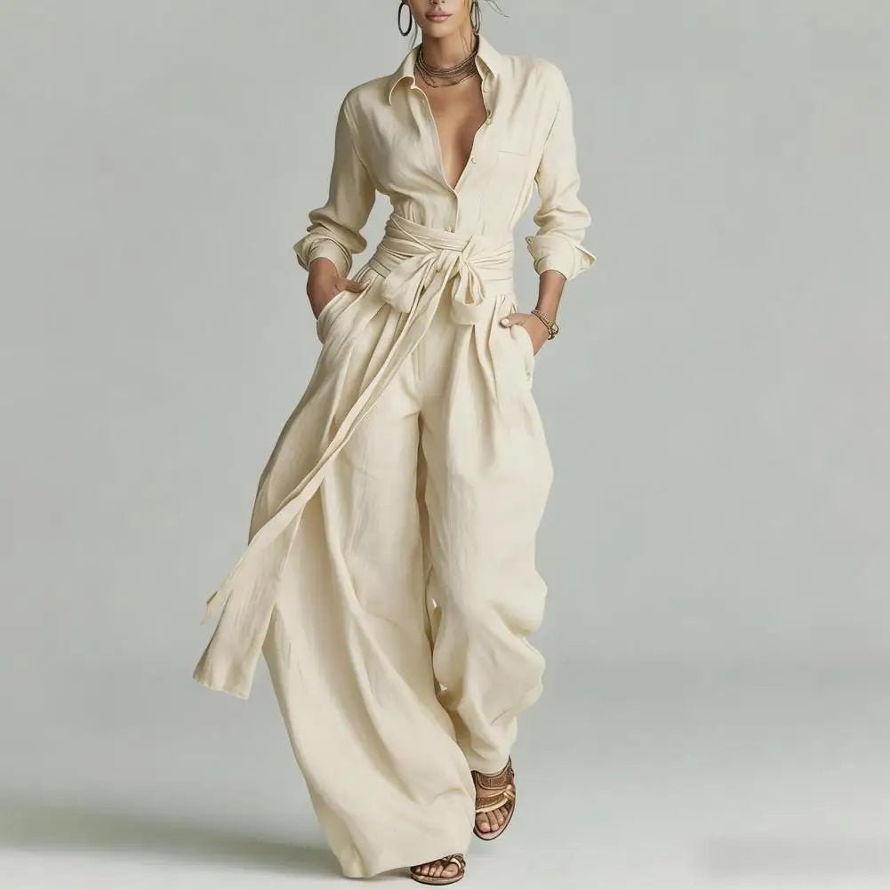 Linen Co-ord Set with Open Collar Shirt and Wide-Leg Trousers in Apricot, Khaki, Coffee, Black – Sophisticated Two-Piece Ensemble for Effortless Elegance | Koossa
