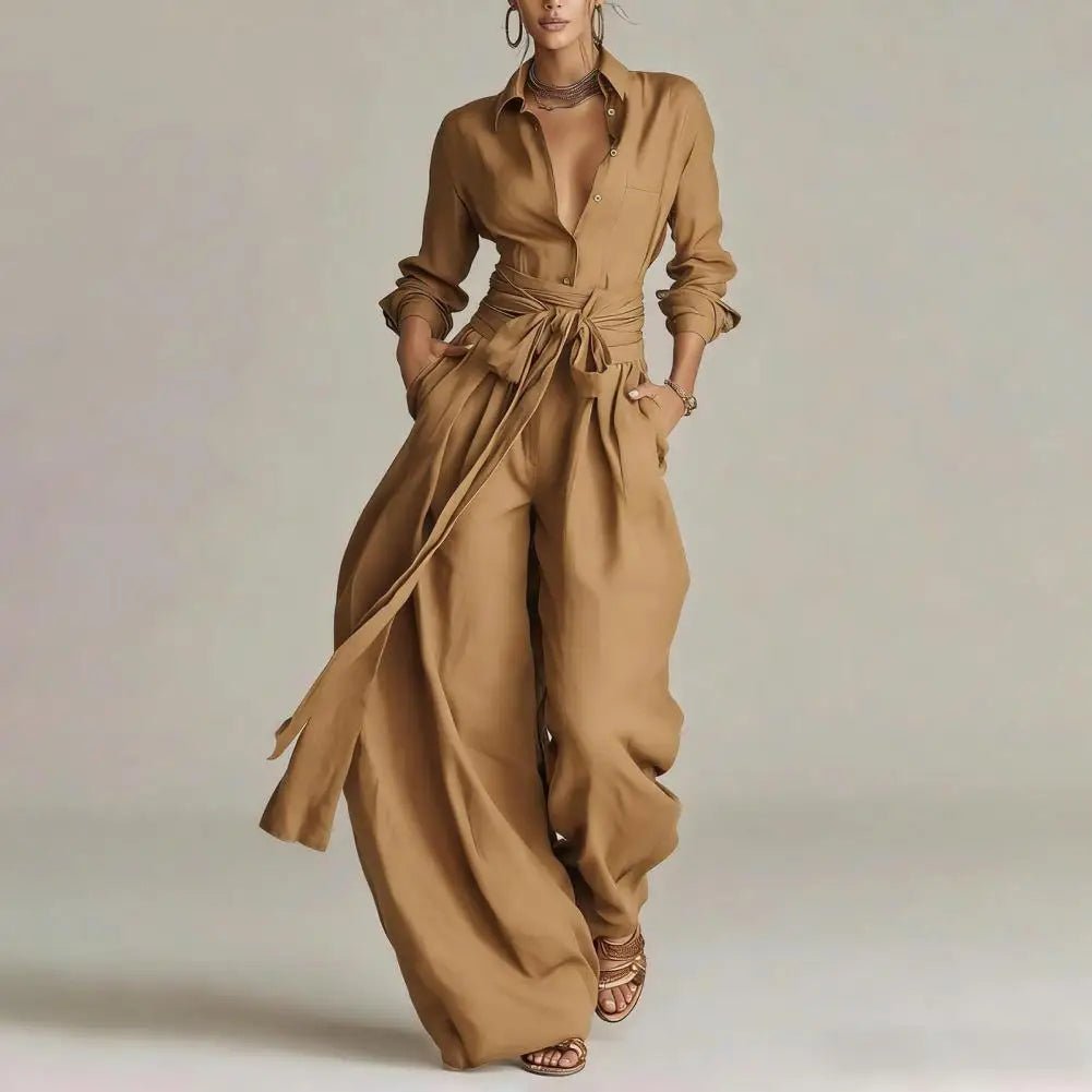 Linen Co-ord Set with Open Collar Shirt and Wide-Leg Trousers in Apricot, Khaki, Coffee, Black – Sophisticated Two-Piece Ensemble for Effortless Elegance | Koossa