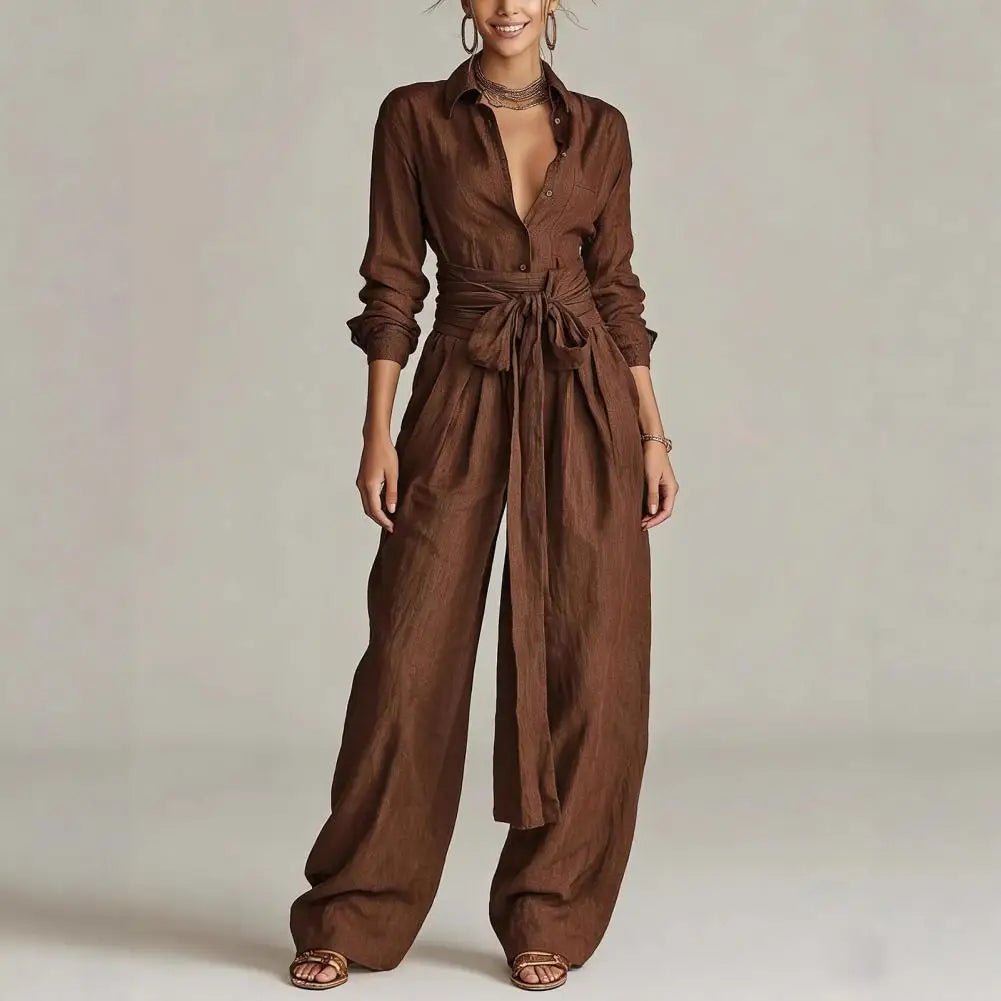 Linen Co-ord Set with Open Collar Shirt and Wide-Leg Trousers in Apricot, Khaki, Coffee, Black – Sophisticated Two-Piece Ensemble for Effortless Elegance | Koossa