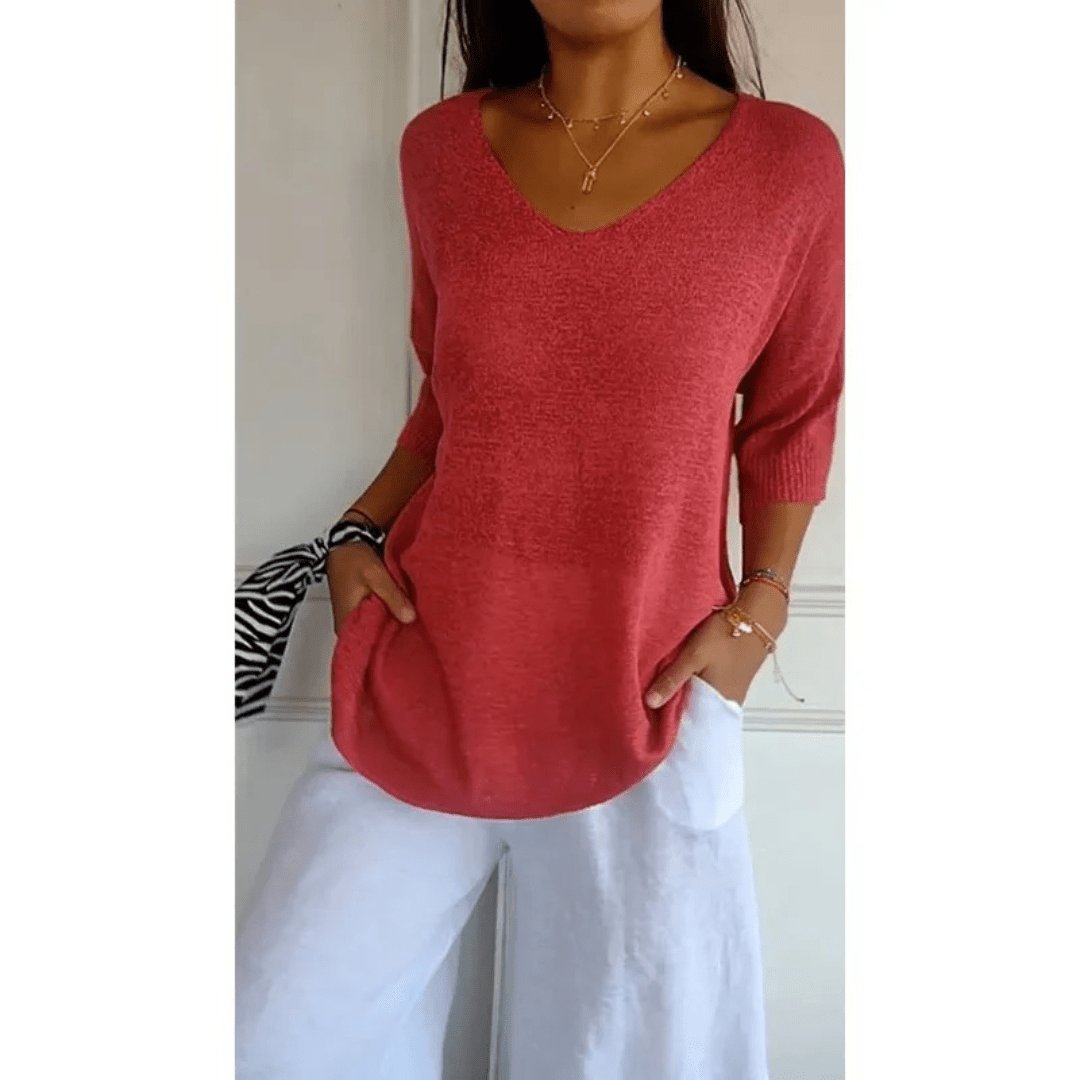 V-Neck Linen Blouse with Three-Quarter Sleeves in Classic Colours for Effortless Spring and Summer Style | Koossa