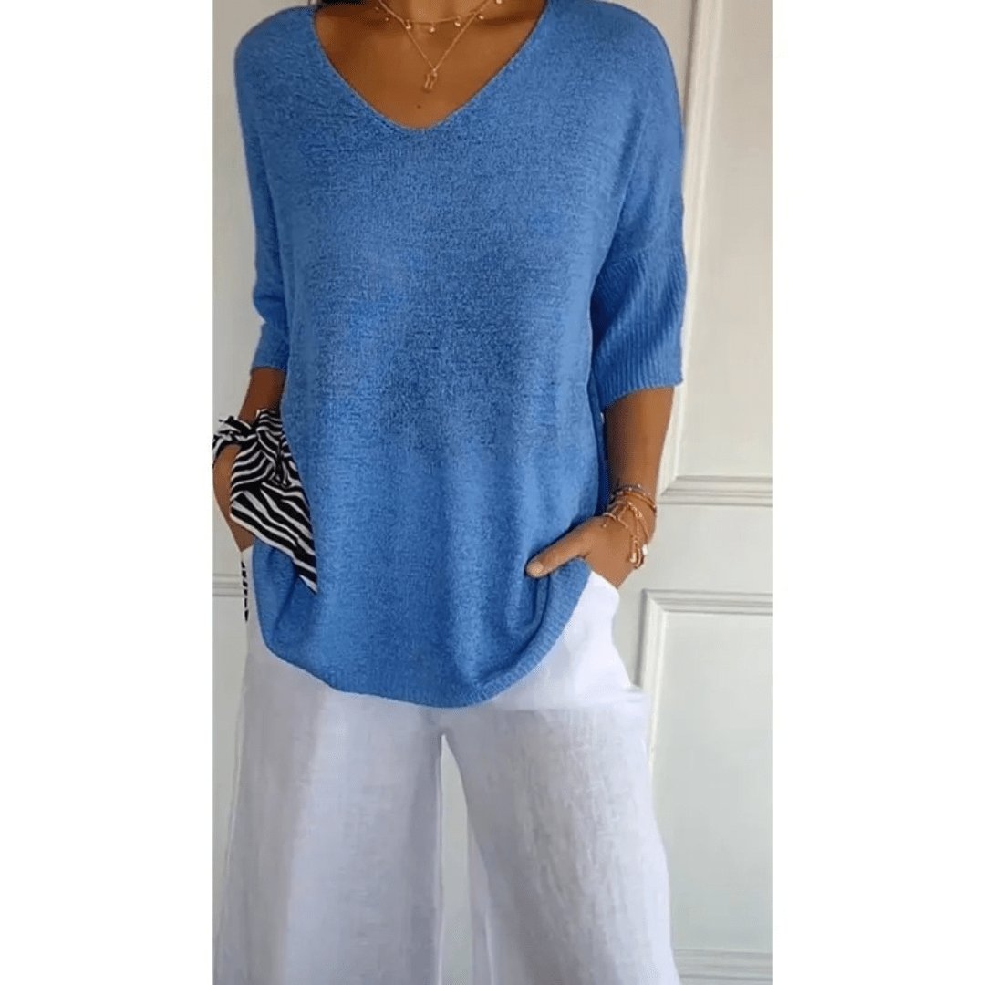V-Neck Linen Blouse with Three-Quarter Sleeves in Classic Colours for Effortless Spring and Summer Style | Koossa