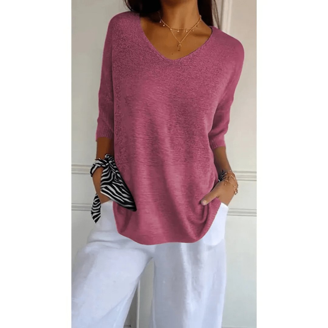 V-Neck Linen Blouse with Three-Quarter Sleeves in Classic Colours for Effortless Spring and Summer Style | Koossa