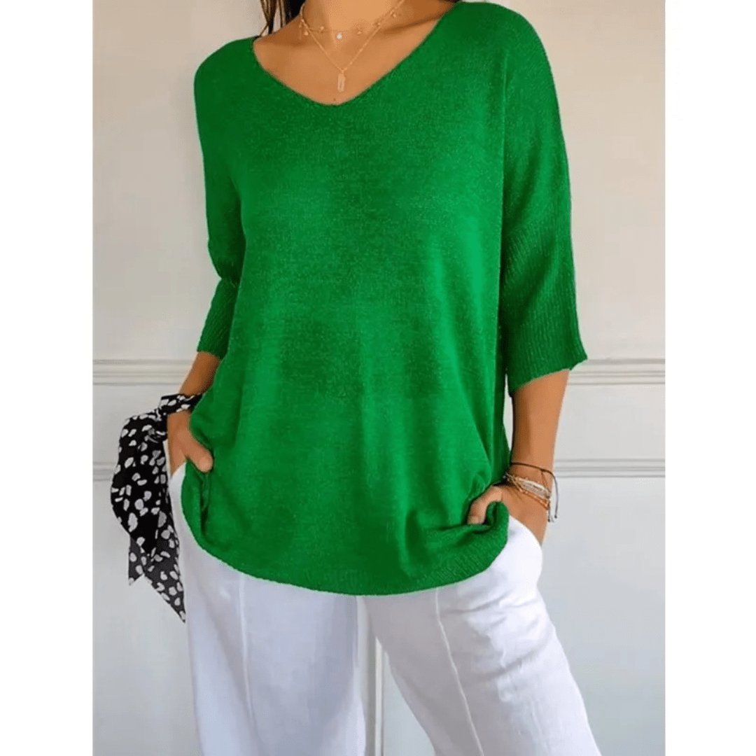 V-Neck Linen Blouse with Three-Quarter Sleeves in Classic Colours for Effortless Spring and Summer Style | Koossa