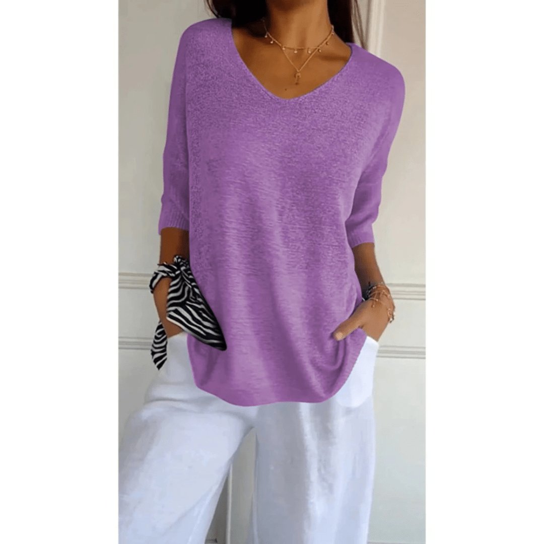 V-Neck Linen Blouse with Three-Quarter Sleeves in Classic Colours for Effortless Spring and Summer Style | Koossa