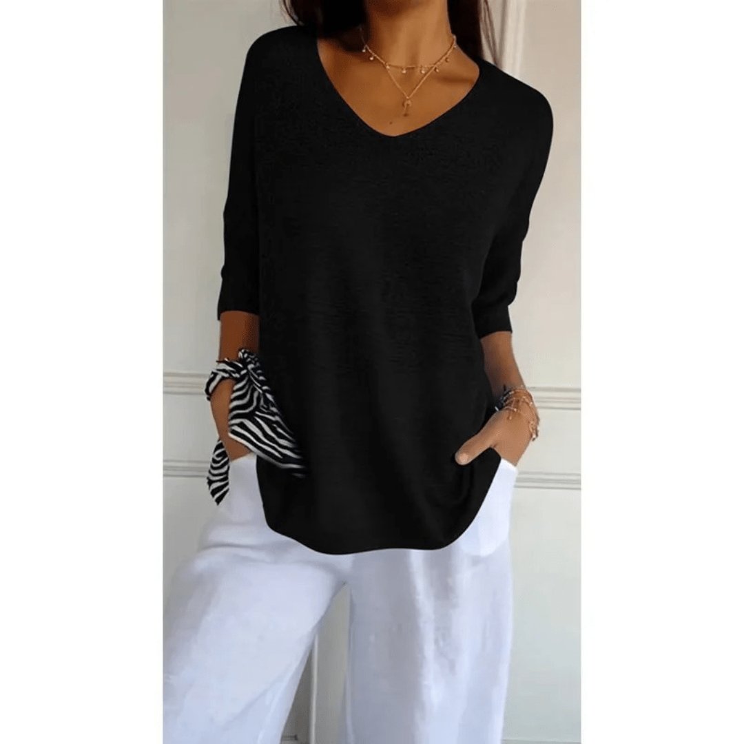 V-Neck Linen Blouse with Three-Quarter Sleeves in Classic Colours for Effortless Spring and Summer Style | Koossa