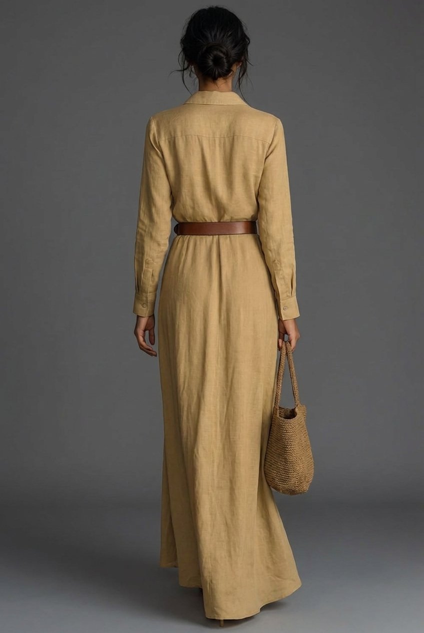 Women's Wrap Front Maxi Dress with Point Collar & Belt Khaki Navy Black | Timeless Long-Sleeved Flattering Cinched Waist Elegant Floor-Length Occasion Dress | Koossa