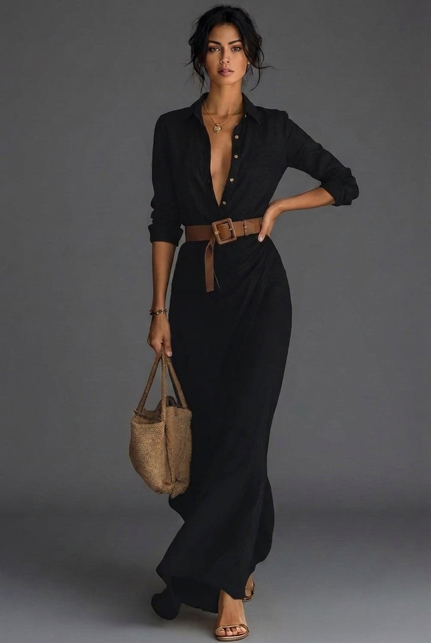 Women's Wrap Front Maxi Dress with Point Collar & Belt Khaki Navy Black | Timeless Long-Sleeved Flattering Cinched Waist Elegant Floor-Length Occasion Dress | Koossa