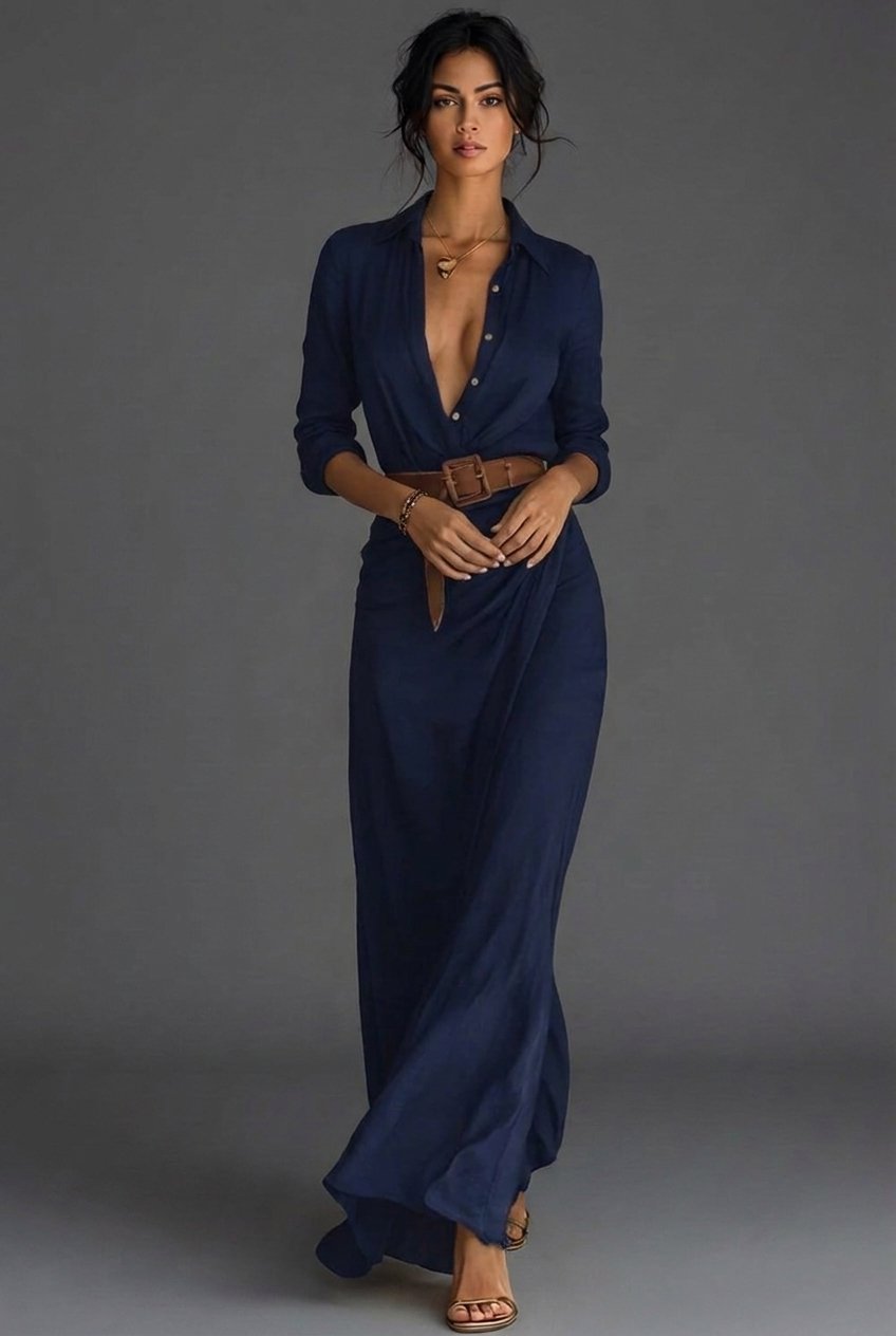 Women's Wrap Front Maxi Dress with Point Collar & Belt Khaki Navy Black | Timeless Long-Sleeved Flattering Cinched Waist Elegant Floor-Length Occasion Dress | Koossa