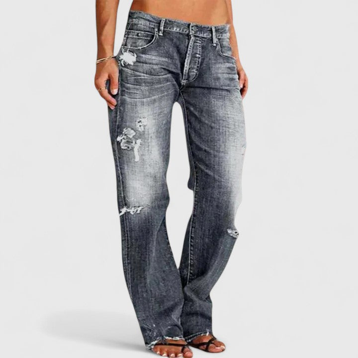 Women's Straight Leg Distressed Low-Rise Jeans in Denim Blue for Casual Everyday Dressing and Relaxed Weekend Styling | Koossa