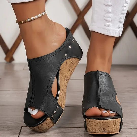 Women's Cork Wedge Sandals with Contoured Footbed – Black, Brown, Beige – Summer Comfort Footwear for Walking and Holidays | Koossa