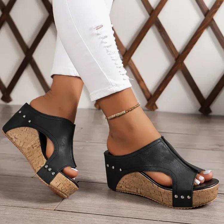 Women's Cork Wedge Sandals with Contoured Footbed – Black, Brown, Beige – Summer Comfort Footwear for Walking and Holidays | Koossa