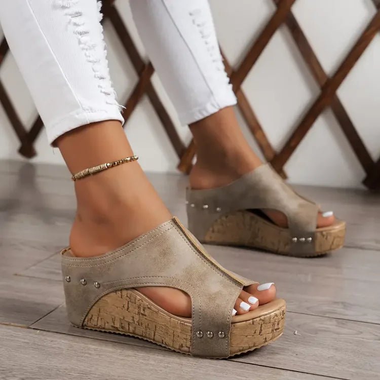 Women's Cork Wedge Sandals with Contoured Footbed – Black, Brown, Beige – Summer Comfort Footwear for Walking and Holidays | Koossa