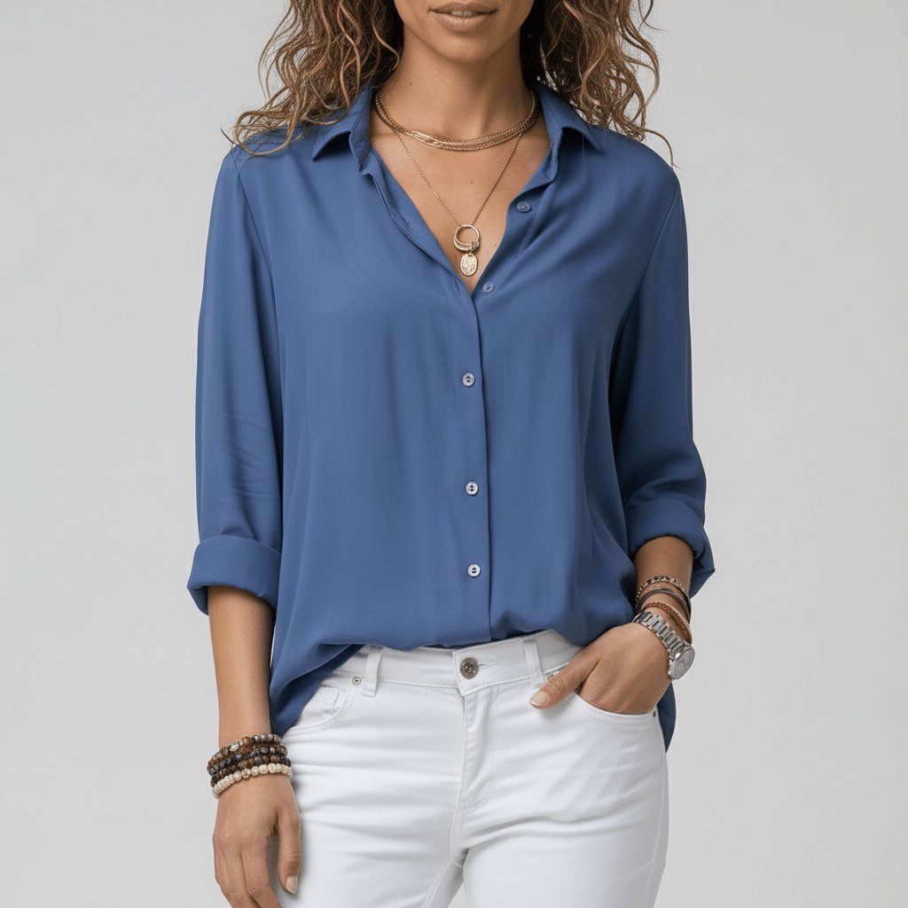 Women's Relaxed-Fit Button-Through Shirt in Classic Grey | Smart-Casual Blouse with Rollable Cuffs for Office, Weekend, and Evening Wear | Koossa