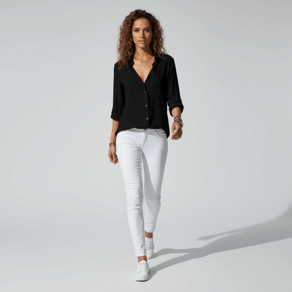 Women's Relaxed-Fit Button-Through Shirt in Classic Grey | Smart-Casual Blouse with Rollable Cuffs for Office, Weekend, and Evening Wear | Koossa