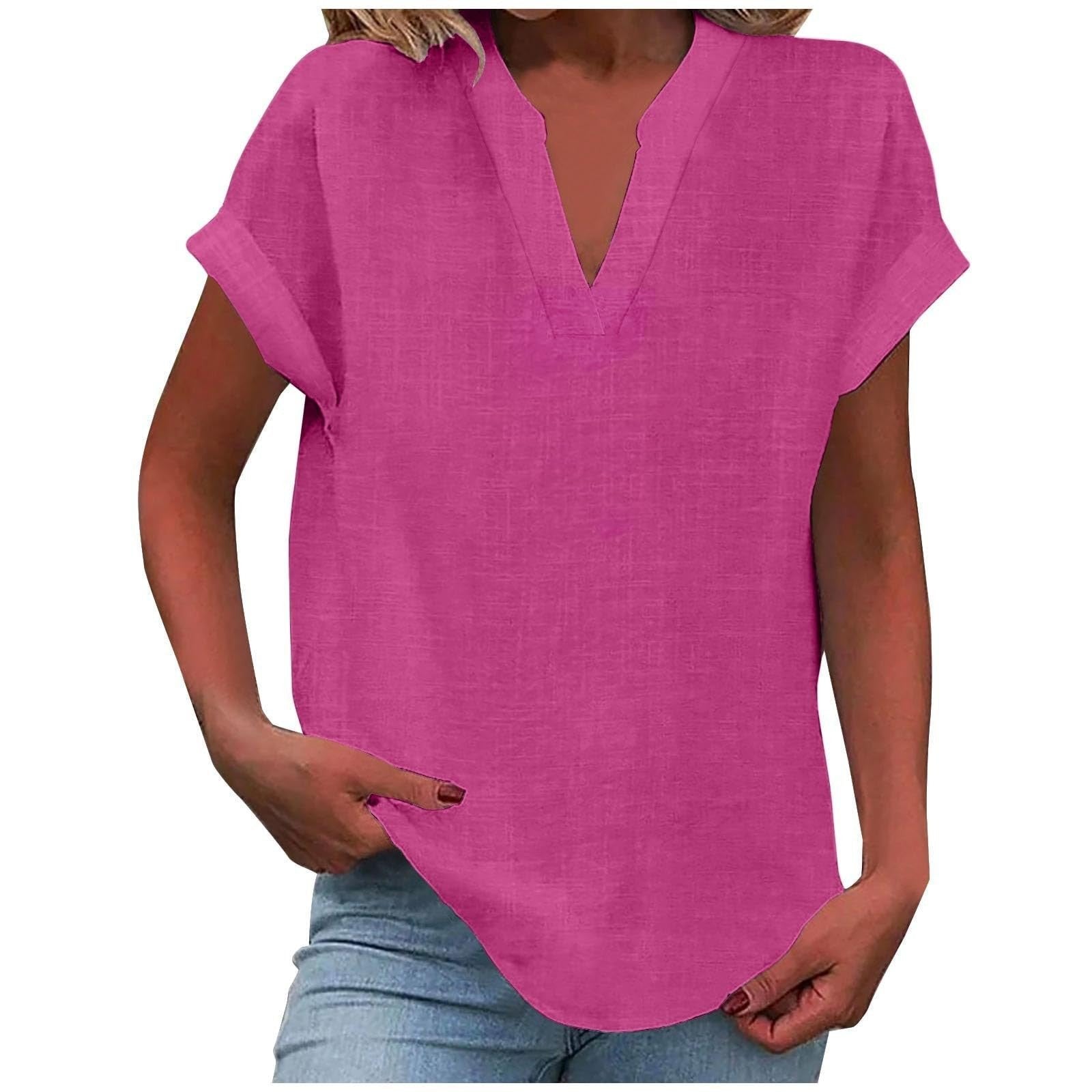 Women's Relaxed V-Neck Short-Sleeve Blouse in Light Purple, Pink, Sky Blue & More | Koossa