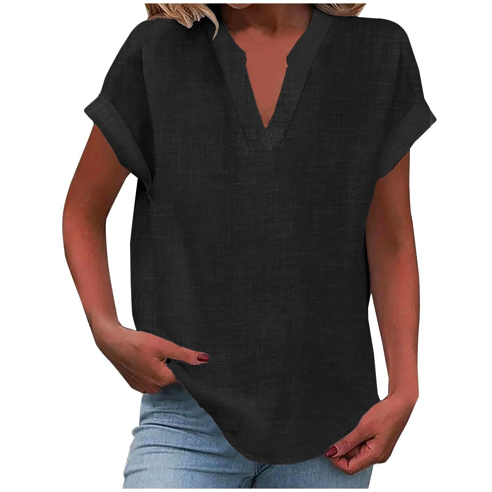 Women's Relaxed V-Neck Short-Sleeve Blouse in Light Purple, Pink, Sky Blue & More | Koossa