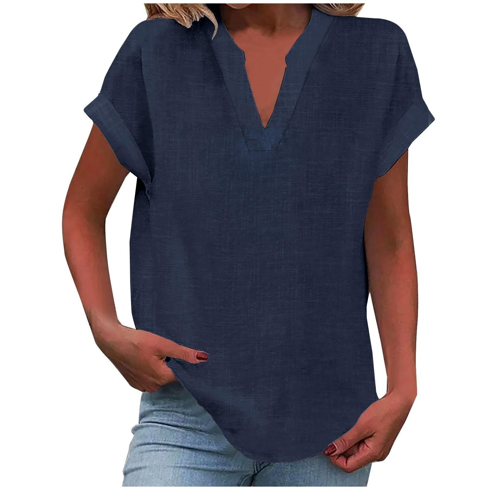 Women's Relaxed V-Neck Short-Sleeve Blouse in Light Purple, Pink, Sky Blue & More | Koossa