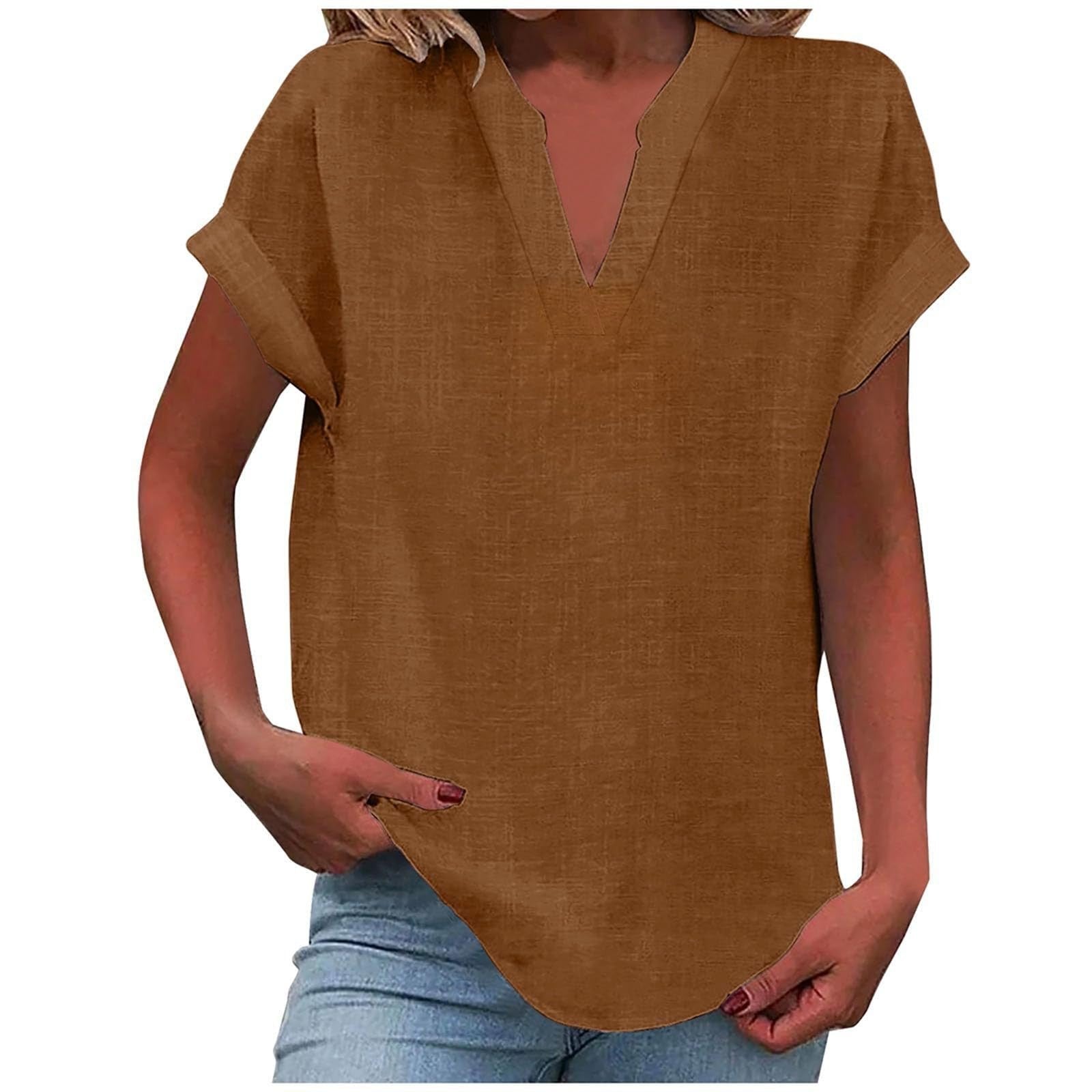 Women's Relaxed V-Neck Short-Sleeve Blouse in Light Purple, Pink, Sky Blue & More | Koossa