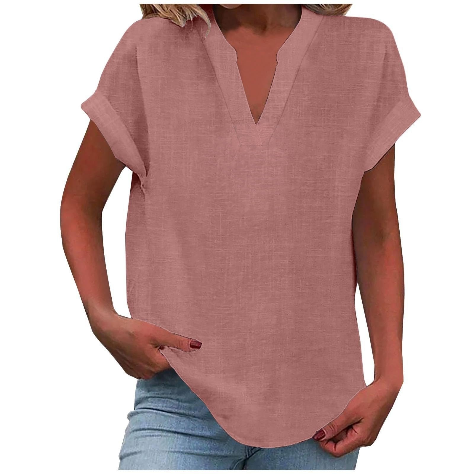 Women's Relaxed V-Neck Short-Sleeve Blouse in Light Purple, Pink, Sky Blue & More | Koossa