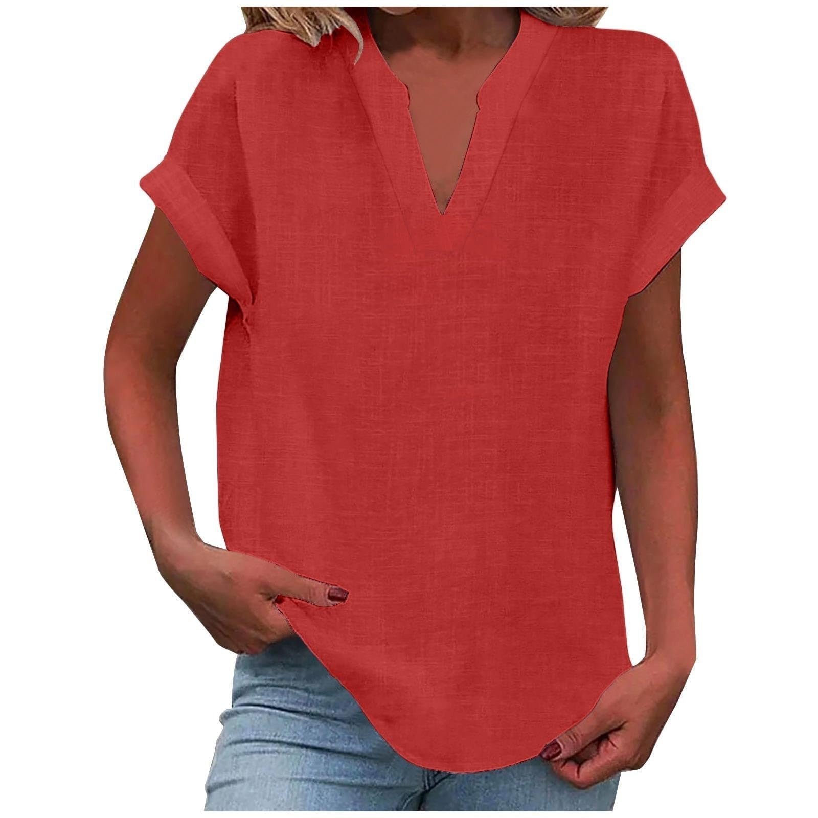 Women's Relaxed V-Neck Short-Sleeve Blouse in Light Purple, Pink, Sky Blue & More | Koossa