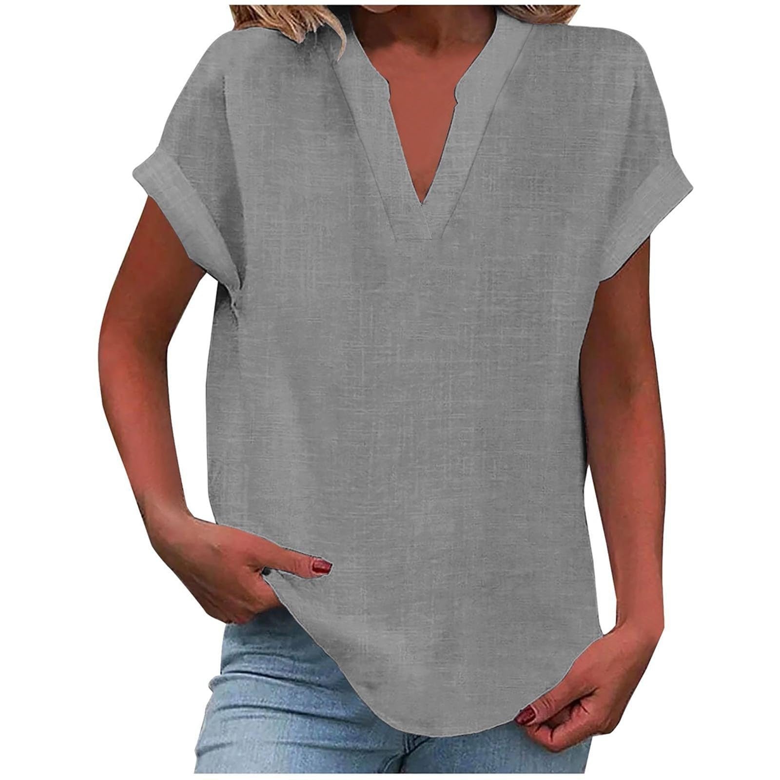 Women's Relaxed V-Neck Short-Sleeve Blouse in Light Purple, Pink, Sky Blue & More | Koossa