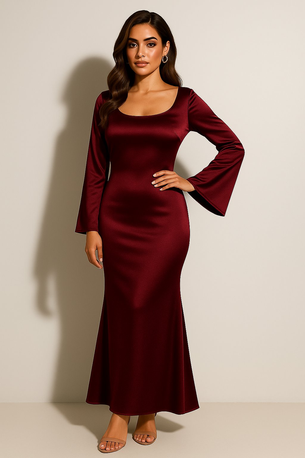 Women's Lustrous Satin Evening Gown with Trumpet Sleeves and Fishtail Hem in Rich Dark Red, Black, White, Brown | Koossa