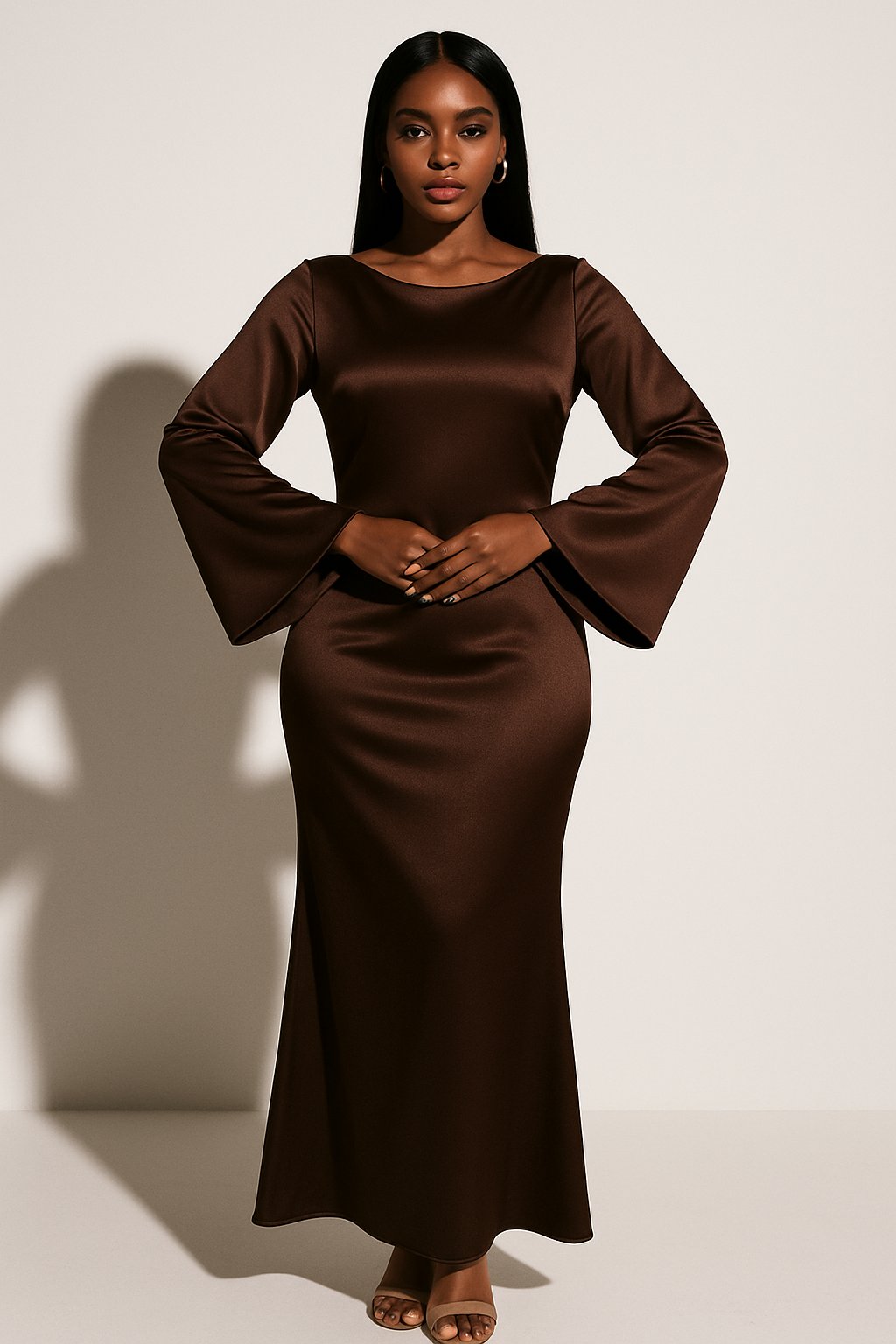 Women's Lustrous Satin Evening Gown with Trumpet Sleeves and Fishtail Hem in Rich Dark Red, Black, White, Brown | Koossa