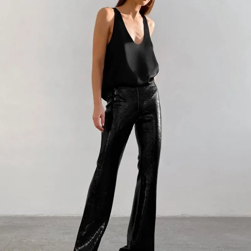 Women's Sleeveless Satin Top with Draped U-Neckline in Black and White – Elegant Summer Vest for Evening Occasions and Weekend Styling | Koossa