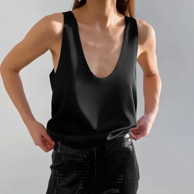 Women's Sleeveless Satin Top with Draped U-Neckline in Black and White – Elegant Summer Vest for Evening Occasions and Weekend Styling | Koossa