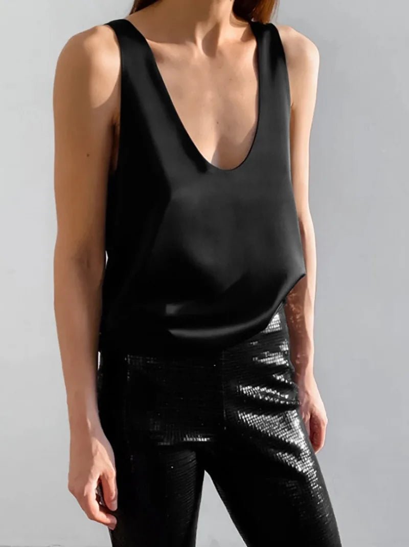 Women's Sleeveless Satin Top with Draped U-Neckline in Black and White – Elegant Summer Vest for Evening Occasions and Weekend Styling | Koossa